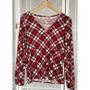 Jessica Simpson Pajama Top Size M Plaid Red Long Sleeve Cozy Polyester V Neck